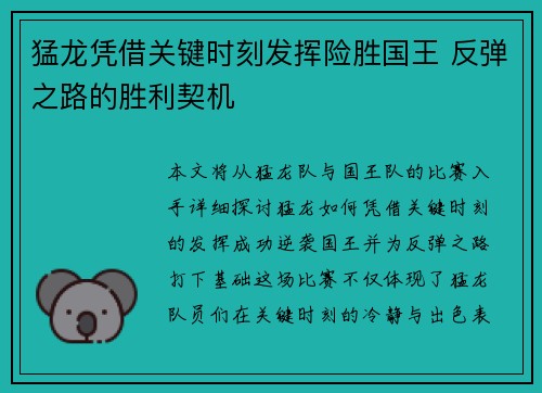 猛龙凭借关键时刻发挥险胜国王 反弹之路的胜利契机